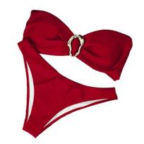 Moteriškas bikini komplektas su metaliniu žiedu, aukštu liemeniu, dviejų dalių maudymosi kostiumėlis, seksuali halterio tipo viršutinė dalis S raudona