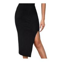 Women Midi Skirt High Waist Side Slit Design Knitting Skirt Solid Color Hip Wrapped Office L juoda