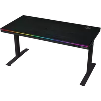 Dual-motor sit/stand adjustable-height gaming desk with wireless charger, RGB lighting, control panel, and USB ports, PB melamine surface tabletop, black.