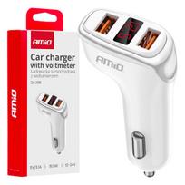 Automobilinis įkroviklis 2x USB-A + voltmetras 3.1A 12/24V