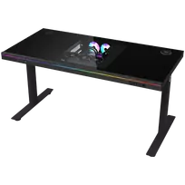 Dual-motor sit/stand adjustable-height gaming desk with built-in PC case, wireless charger, RGB lighting, control panel, and USB ports, tempered glass tabletop, black.