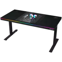 Dual-motor sit/stand adjustable-height gaming desk with built-in PC case, wireless charger, RGB lighting, control panel, and USB ports, PB melamine surface tabletop, black.