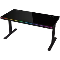 Dual-motor sit/stand adjustable-height gaming desk with wireless charger, RGB lighting, control panel, and USB ports, solid tempered glass tabletop, black.