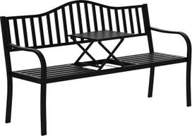 "Outsunny" sodo suoliukas su ištraukiamu stalu 2 žmonėms, metalinis stovėjimo suoliukas, terasos suoliukas su atlošu ir porankiais, sodo baldai, juodas, 150 x 58,5 x 90 cm