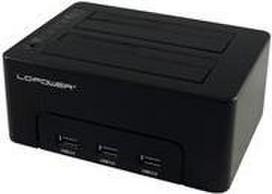 LC Power LC-DOCK-U3-HUB - HDD-Dockingstation mit Netzanzeige, 3-Port-USB-Hub, Ein/Aus-Schalter, Klon-Funktion Schächte: 2 - 2.5 / 3.5 gemeinsam genutzt (6,4 cm/8,9 cm gemeinsam genutzt) - SATA - 5Gbit/s - USB 3.0 - Schwarz