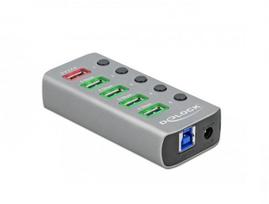 Delock Hub USB 5Gbps z 4 Portami + 1 Portem ładowania + 1 Portem USB-C PD 3.0 z przełącznikiem i podświetleniem | 63263 | 4043619632633