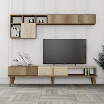 Milan TV stovas ir sieninių lentynų komplektas – riešuto ir travertino apdaila, Televiisorialus, Milan - Pähkel, 180x40x35 cm, Travertiin