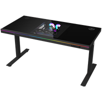 Dual-motor sit/stand adjustable-height gaming desk with built-in PC case, wireless charger, RGB lighting, control panel, and USB