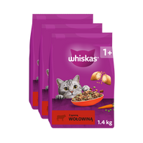 WHISKAS Adult 3x1,4 kg - sausas visavertis ėdalas suaugusioms katėms su gardžia jautiena