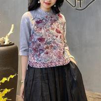 Summer New Chinese Style Vintage Round Neck Button Embroidered Loose Asymmetrical 3/4 Sleeve Women's Tops L rožinė