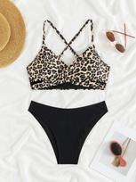 Moteriškas maudymosi kostiumėlis su leopardo raštu „Cross Hollow Sexy Bikini Tankini Beachwear“ maudymosi kostiumėliai S leopardo rašto spalva