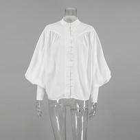 White Fashion Shirt Stand-up Collar Lantern Sleeve Pleated Design Loose Casual Commuting Blouses Elegant Office Lady 2025 Spring and Summer S balta