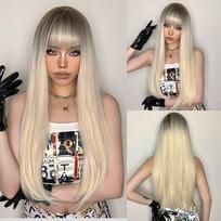EASIHAIR Blonde Ombre sintetiniai natūralių plaukų perukai ilgi tiesūs su kirpčiukais Daily Cosplay perukas karščiui atsparūs pluošto perukai moterims