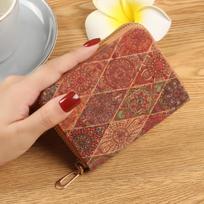 Retro Cork Print Leather Double Zipper Card Holder Wallet - Large Capacity and Portable