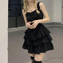 Moteriška juoda A formos mini tortinė suknelė be rankovių Vasarinė japoniška Lolita Kawaii Preppy stiliaus suknelė Harajuku Retro, miela suknelė S juoda