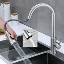 Nerūdijančio plieno dviejų valdiklių ištraukiamas virtuvės maišytuvas su apsaugotu nuo purslų stiprintuvu karštam ir šaltam vandeniui Brushed Finish
