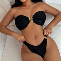 Moterų maudymosi kostiumas Seksualus juodas be petnešėlių su surišimu nugaroje Aukštos juosmens Bikini Dalinis maudymosi kostiumas Paplūdimio drabužiai Maudymosi kostiumai S juoda