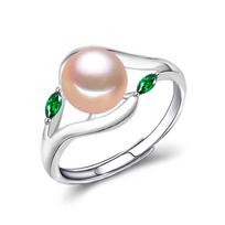 LSOOYH Pearl Jewelry Natūralūs gėlo vandens perlų žiedai moterims Madingi žali krištoliniai žiedai Adjustable Size balta