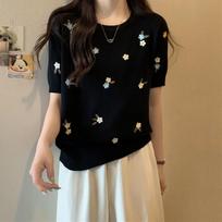 Ice Silk Slimming Temperament Top Women's Design Sense Knitted Shirt Summer Shoulder Short Sleeved T-shirt L juoda
