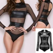 Moteriški Odiniai Sexy Clubwear Seksualūs apatiniai Splice Lingerie Bodysuit Jumpsuit M juoda