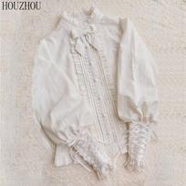 HOUZHOU nėriniai balti marškiniai moteriški Lolitos stiliaus Gigoto rankovėmis Saldžios palaidinės Japoniško stiliaus ilgomis rankovėmis, raukiniais klostuoti Kawaii drabužiai S balta