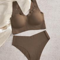 1 komplektas / besiūlis moteriškų apatinių komplektas Sexy Push Up Liemenėlė Ice Silk Kvėpuojanti belaidė nuimama paminkštinta liemenėlė be nugaros kryžminis apatinis trikotažas M ruda