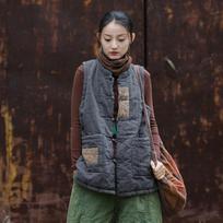 Johnature Women Vintage Coats Stand Sleeveless Button Cloths Autumn Warm Coats One Size tamsiai pilka spalva