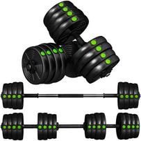 2-in-1 hantelių rinkinys, štanga ir hanteliai, 30 kg, neslystantis, grindis tausojantis, juodas/žalias