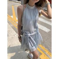 French style Halter Sleeveless Blue Dress Women's Summer Bow Tie A-line Short Skirt S juoda