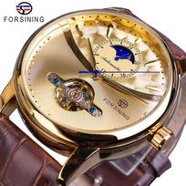 „Forsining Moon Phase“ automatinis laikrodis „Royal Men Golden“ vandeniui atsparus mechaninis rankinis laikrodis, kasdienis natūralios odos „Tourbillon“ laikrodis