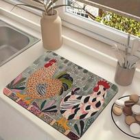 1Pcs Rubber Drying Mat With Retro Chic Chicken Print For Coffee Shop Kitchen Carpet Tableware Durable Diatom Mud Table Mat Pet Mat Coffeeware 30*40cm