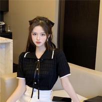 Small Fragrant Style Sweet Polo Collar Short-sleeved T-shirt for Women's Summer Lapel Top Design Bow Tie Knit Sweater One size balta