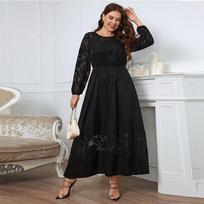 Derliaus ilgomis rankovėmis maxi suknelės apvalia iškirpte didelio dydžio suknelė moterims madinga vienspalvė oversized suknelė su išpjovomis elegantiška suknelė XL juoda