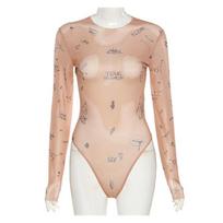 Seksualūs, prigludę vientisi Top moteriški kostiumai ilgomis rankovėmis O-neck Basic Party Wear Print Summer Wild Slim Bodysuits M chaki