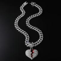 Full Diamond Broken Heart Cuban Chain Pendant, European and American Hip Hop Men's Necklace, Personalized Clavicle Chain Sweater Necklace