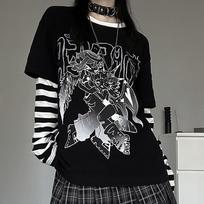 Harajuku moteriški marškinėliai, japoniški „Ropa Mujer“ dryžuoti laisvalaikio „Punk“ Y2k marškinėliai, dideli viršutiniai drabužiai S juoda