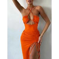 Vasaros Seksuali Suknelė Moterims Berankovė Atvira Nugara Iškirpta Vakarėlio Suknelė Mada Surišama Aukšta Apykaklė Kūną Apgaubianti Elegantiška Suknelė su Skeltuku S ruda