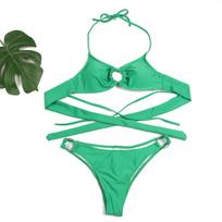 Moteriškas maudymosi kostiumėlis vientisos spalvos žiedas seksuali užrišama nugara bikinis braziliškas paplūdimio drabužis maudymosi kostiumėliai S žalia