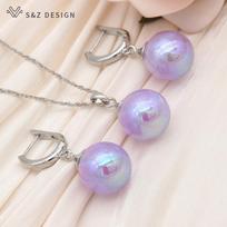 Fashion Rose Gold Color Round Colorful Bead Drop Earrings Jewelry Sets For Women Wedding Pendant Necklace beige