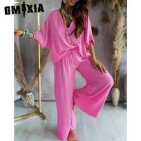 GMXIA Women's V-Neck Bat Sleeve Casual Loose Wide Leg Pants Set S balta