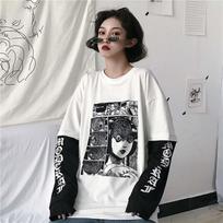 Harajuku moteriški marškinėliai su raštu japoniškų siaubo komiksų dideli juodi marškinėliai ilgomis rankovėmis moterims Hiphop Streetwear Gothic Y2k Tops S balta