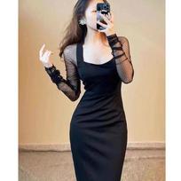 Summer New Style French Square Neck Niche Gauze Sleeve Splicing Dress Sexy and Versatile Little Black Vintage Dress L juoda