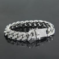 15MM Paved Rhinestones Prong Cuban Link Chain Bracelet for Men Women Bling Iced Out Cuban Bracelet Hip Hop Rapper Jewelry Gift 7inch(18cm)
