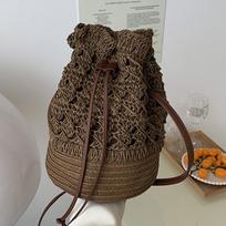 Yogodlns Bohemian Holliw šiaudinis krepšys moterims Vasaros austas maišelis su kibiru Holiday Lady Beach Krepšiai Kasdienis raištelis Crossbody Bag 20*20*30cm smėlis