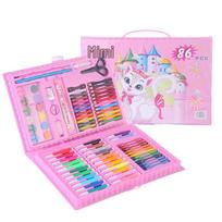 86 dalių plaunamas vaikiškas meno rinkinys: Teptukai, kreidelės, akvareliniai flomasteriai ir kanceliarinės dovanos. 86-piece paintbrush set rožinė