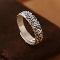 „BOCAI Real S999 Pure Silver Jewelry Distressed Matte Retro Auspicious Cloud“ / Slyvų / Lotoso kinų stiliaus atviras moterų žiedas