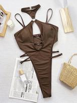Vienspalvis moteriškas maudymosi kostiumėlis su apynasriu kaklu Seksualus tuščiaviduris vientisas maudymosi kostiumėlis bikini paplūdimio apranga maudymosi kostiumėliai S kava