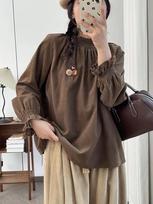 Johnature Casual Elasticated Corduroy Top Women Japanese Forest Balloon Sleeve Shirt Autumn Winter One Size chaki