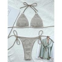 Seksualus halterio tinklelio žuvų tinklo braziliškas bikinis moteriškas maudymosi kostiumėlis moterių maudymosi kostiumėlis dviejų dalių bikinių komplektas maudymosi kostiumėlis maudymuisi S chaki