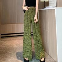 Korean Fashion Summer New Women's Elastic Waist Tie Dye Simplicity Casual Breathable Loose High waist Straight Wide Leg Pants S žalia